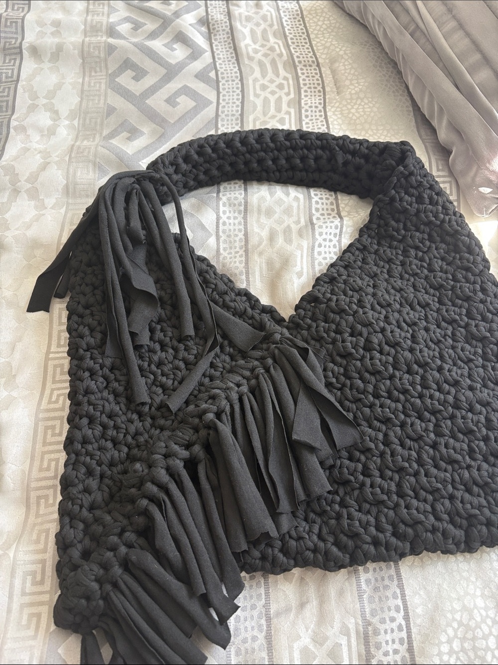 Handmade Black Crochet Fringe Shoulder Bag